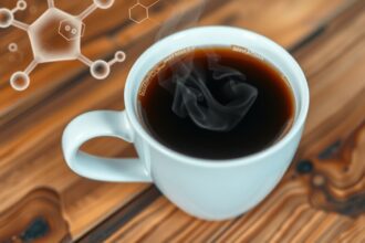 Gőzölgő csésze kávé a fából készült asztalon