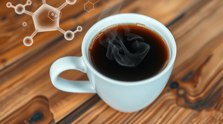 Gőzölgő csésze kávé a fából készült asztalon