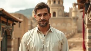 Egy férfi mosolyog, háttérben történelmi épületekkel.