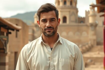 Egy férfi mosolyog, háttérben történelmi épületekkel.