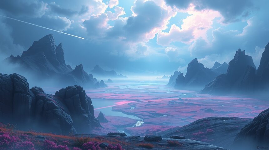 Meseszép táj varázslatos színekkel és felhőkkel.