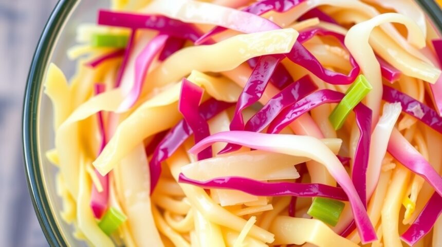 Friss és színes savanyú káposzta saláta tálban.
