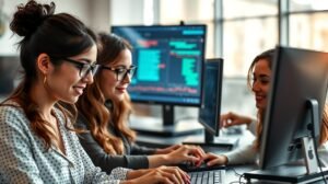 Női fejlesztők együtt dolgoznak technológiai projekten.