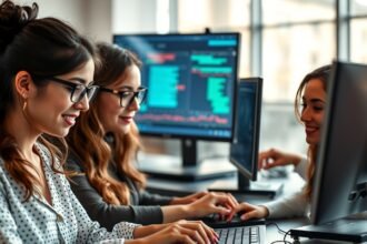 Női fejlesztők együtt dolgoznak technológiai projekten.