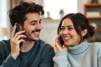 Fiatal pár telefonbeszélgetés közben, mosolyogva kommunikálnak.