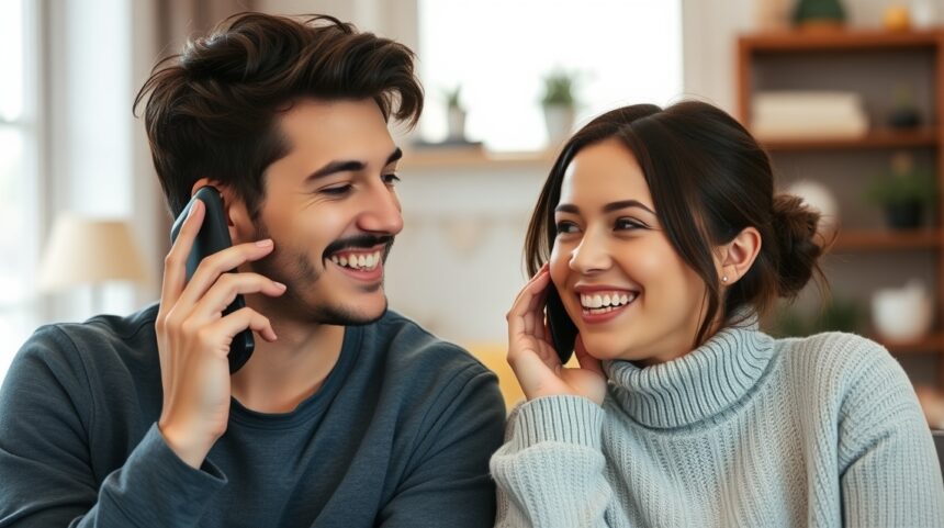 Fiatal pár telefonbeszélgetés közben, mosolyogva kommunikálnak.