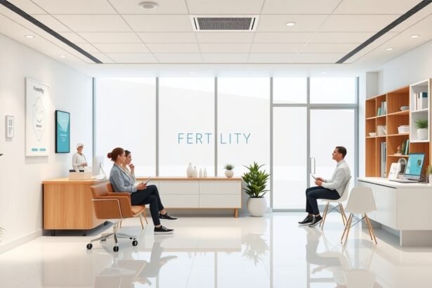 Modern családtervezési klinika belső tere, várakozó páciensekkel