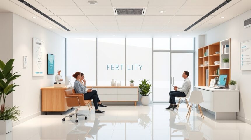 Modern családtervezési klinika belső tere, várakozó páciensekkel