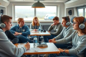 Fiatalok KRESZ-oktatáson, zenehallgatás közben