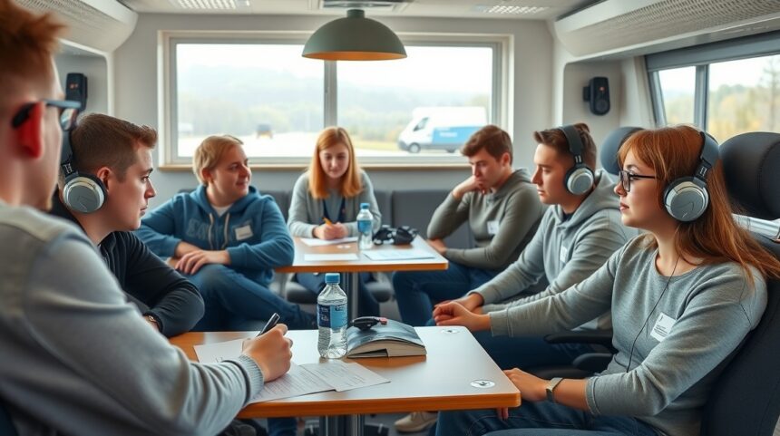 Fiatalok KRESZ-oktatáson, zenehallgatás közben