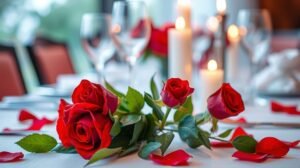 Vörös rózsák egy romantikus asztalon gyertyafénynél az első randira.
