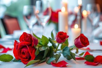 Vörös rózsák egy romantikus asztalon gyertyafénynél az első randira.
