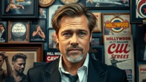 Brad Pitt portré Hollywood háttérrel, filmipari plakátokkal.