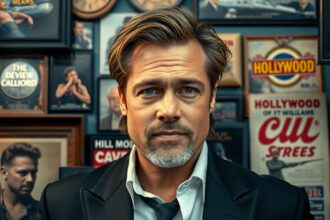 Brad Pitt portré Hollywood háttérrel, filmipari plakátokkal.