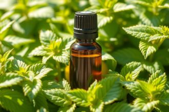 Citromfű illóolaj üvegben, zöld növények között