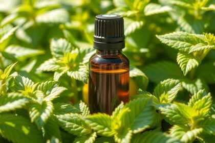 Citromfű illóolaj üvegben, zöld növények között