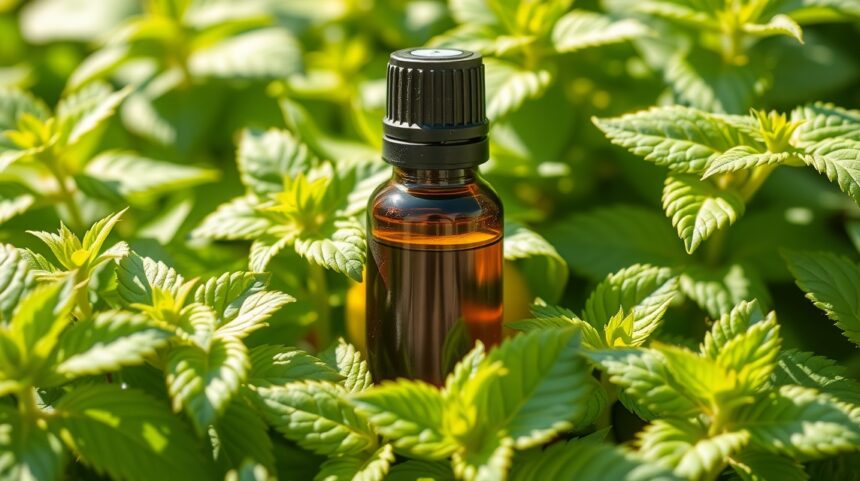 Citromfű illóolaj üvegben, zöld növények között