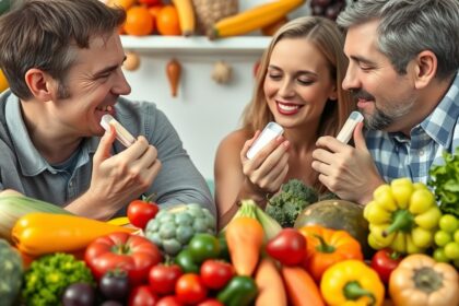 Felnőttek multivitaminokat fogyasztanak friss zöldségek között