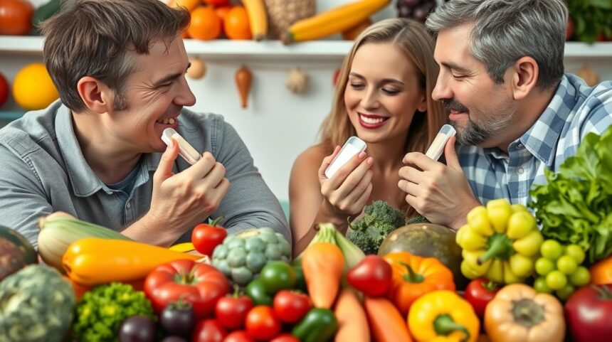 Felnőttek multivitaminokat fogyasztanak friss zöldségek között