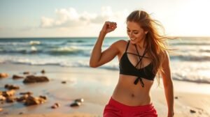 Női fitnesz a strandon, egészséges életmód és strandforma.