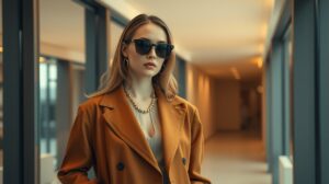Modern elegáns női öltözék sárga kabátban és napszemüvegben