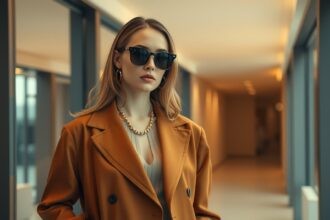 Modern elegáns női öltözék sárga kabátban és napszemüvegben
