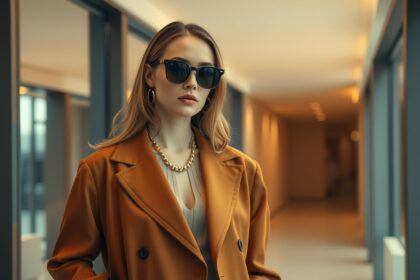Modern elegáns női öltözék sárga kabátban és napszemüvegben