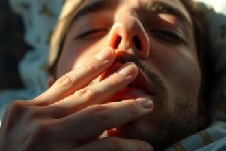 Fiatal férfi reggel a kellemetlen szájszag miatt