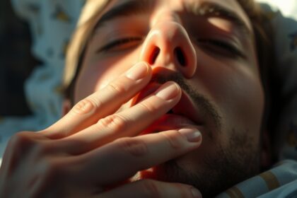 Fiatal férfi reggel a kellemetlen szájszag miatt