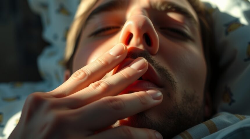 Fiatal férfi reggel a kellemetlen szájszag miatt