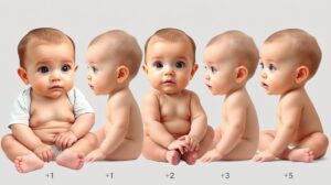 Baba fejlődési fázisai 1-12 hónapos korig bemutatva.