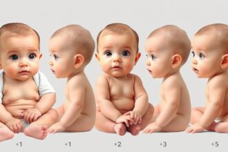 Baba fejlődési fázisai 1-12 hónapos korig bemutatva.