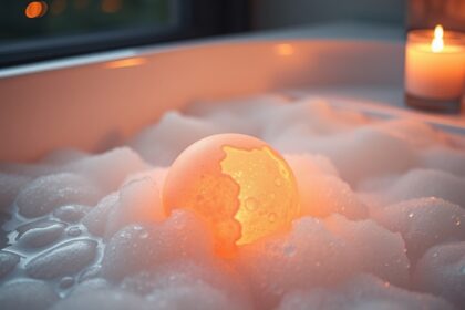 Kényeztető fürdőgolyó a habos vízben gyertyafénynél