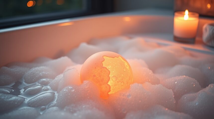 Kényeztető fürdőgolyó a habos vízben gyertyafénynél