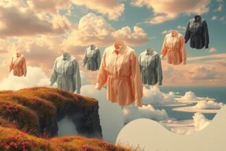 Ruhák lebegnek a felhők felett, szimbolizálva az álomfejtést és az önkifejezést.