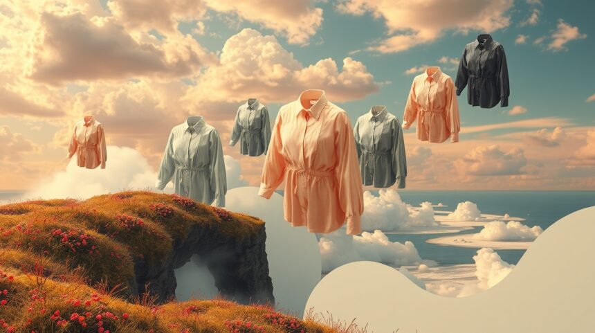 Ruhák lebegnek a felhők felett, szimbolizálva az álomfejtést és az önkifejezést.