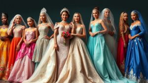 Menyasszonyi ruhák a világ különböző tájairól, színes és gazdagon díszített modellek.