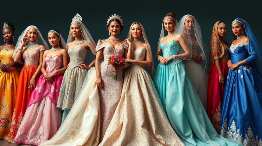Menyasszonyi ruhák a világ különböző tájairól, színes és gazdagon díszített modellek.