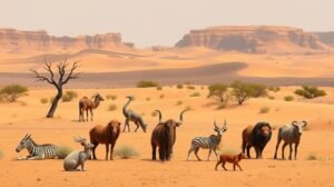 Sivatagi állatok gyűjteménye, beleértve tevét, zebrákat és oroszlánt