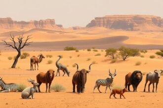 Sivatagi állatok gyűjteménye, beleértve tevét, zebrákat és oroszlánt
