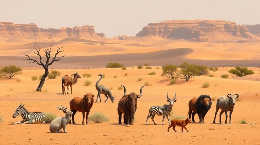 Sivatagi állatok gyűjteménye, beleértve tevét, zebrákat és oroszlánt