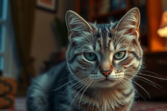 Egy gyönyörű cica részletes arca, szürke csíkozással és intenzív szemekkel