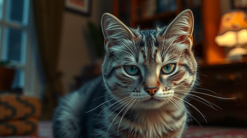 A cicák titkos tulajdonságai, amelyeket eddig nem ismertél 1 Egy gyönyörű cica részletes arca, szürke csíkozással és intenzív szemekkel