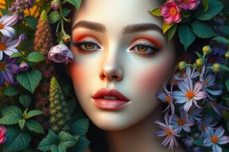 Gyönyörű női arc gyógynövények között, természetes szépségápolás