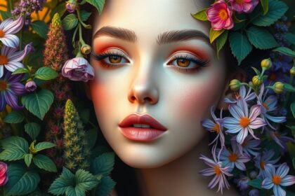 Gyönyörű női arc gyógynövények között, természetes szépségápolás