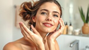 Nő sima bőrével a fürdőszobában bőrápolási termékek mellett