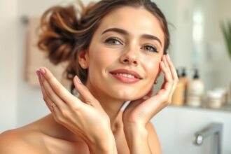 Nő sima bőrével a fürdőszobában bőrápolási termékek mellett