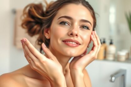 Nő sima bőrével a fürdőszobában bőrápolási termékek mellett