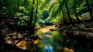 Rejtett forrás a természetben, zöld erdő és nyugodt víz.