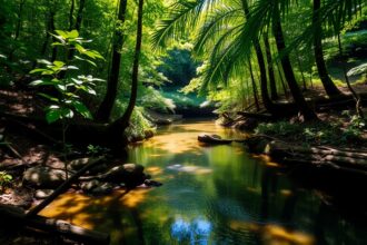 Rejtett forrás a természetben, zöld erdő és nyugodt víz.